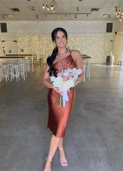 Simple Sheath One Shoulder Pleated Green Satin Bridesmaid Dress Evening Dress SH3060