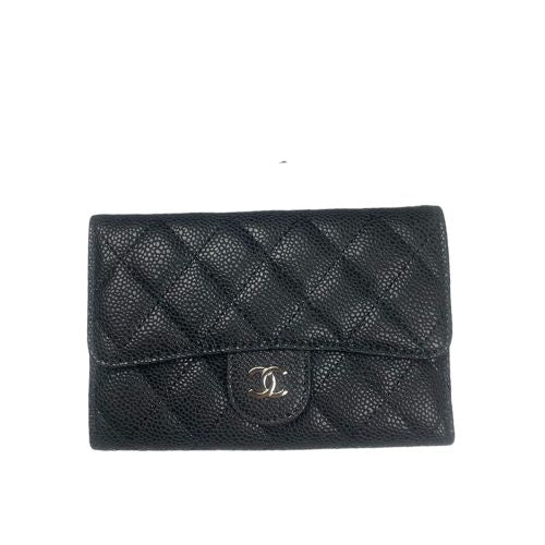 CHANEL CLASSIC CARD HOLDER CAVIAR LEATHER BLACK WITH SILVER HARDWARE 15CM