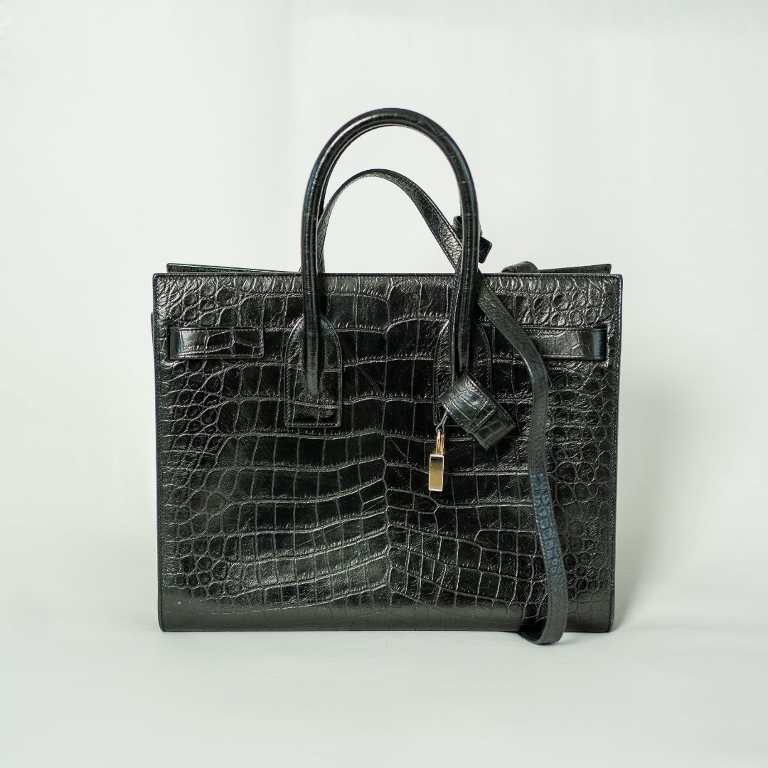 Saint Laurent Sac de Jour Tote Black Croc Embossed Bag