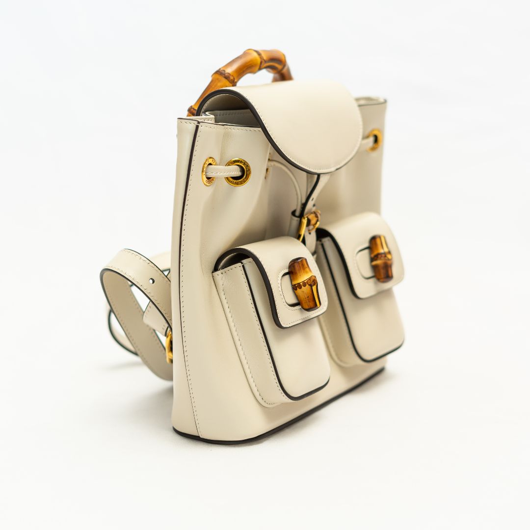 Gucci White Leather Bamboo Backbag