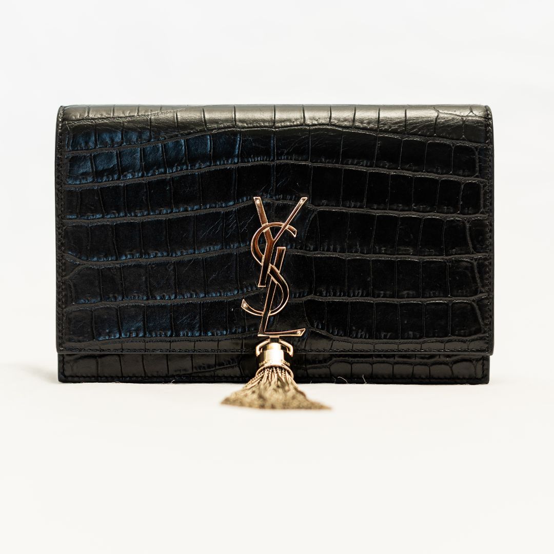 Saint Laurent Kate black croc embossed small tassel chain bag