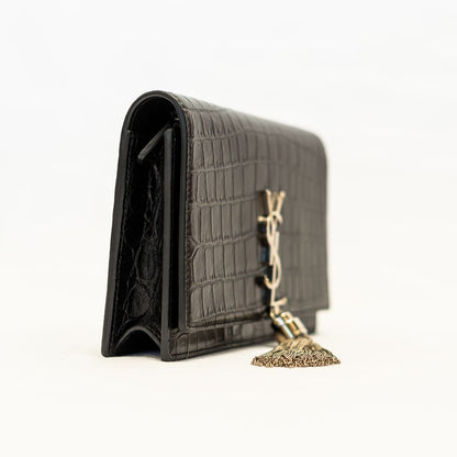 Saint Laurent Kate black croc embossed small tassel chain bag