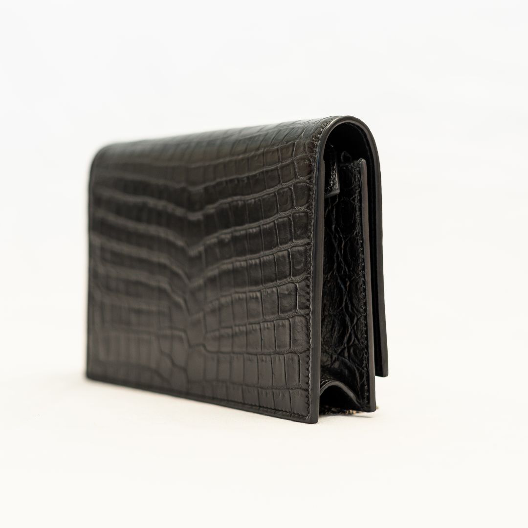 Saint Laurent Kate black croc embossed small tassel chain bag