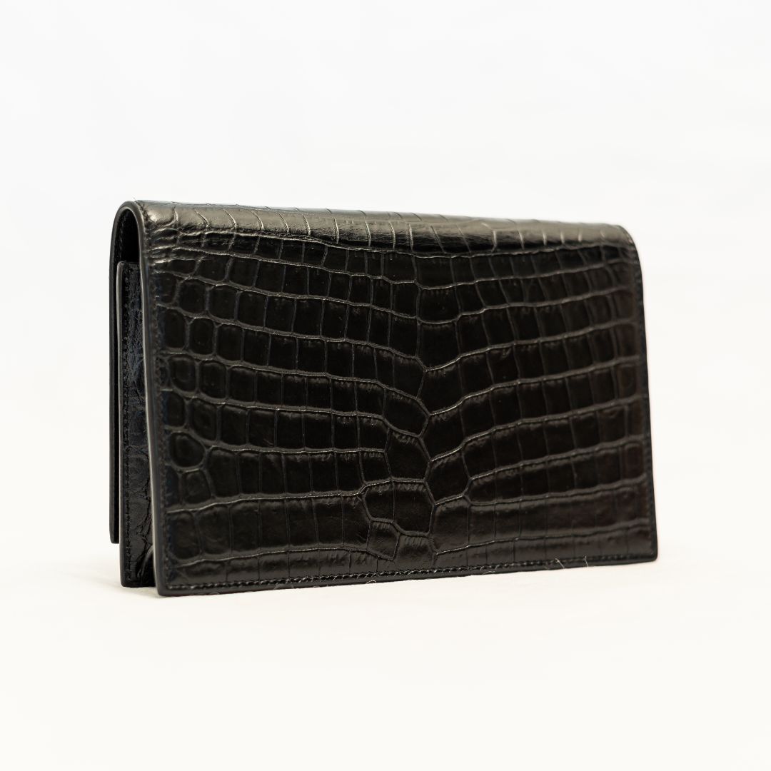 Saint Laurent Kate black croc embossed small tassel chain bag