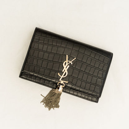 Saint Laurent Kate black croc embossed small tassel chain bag