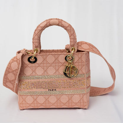 Christian Dior pink cannage stitch crystal embellished lady dior bag