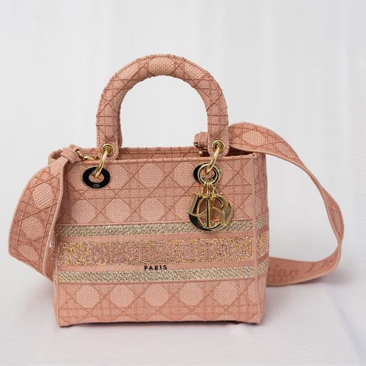 Christian Dior pink cannage stitch crystal embellished lady dior bag