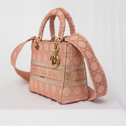Christian Dior pink cannage stitch crystal embellished lady dior bag