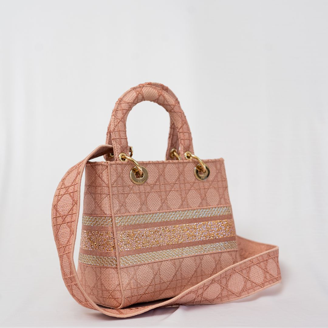 Christian Dior pink cannage stitch crystal embellished lady dior bag