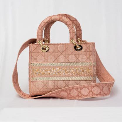 Christian Dior pink cannage stitch crystal embellished lady dior bag