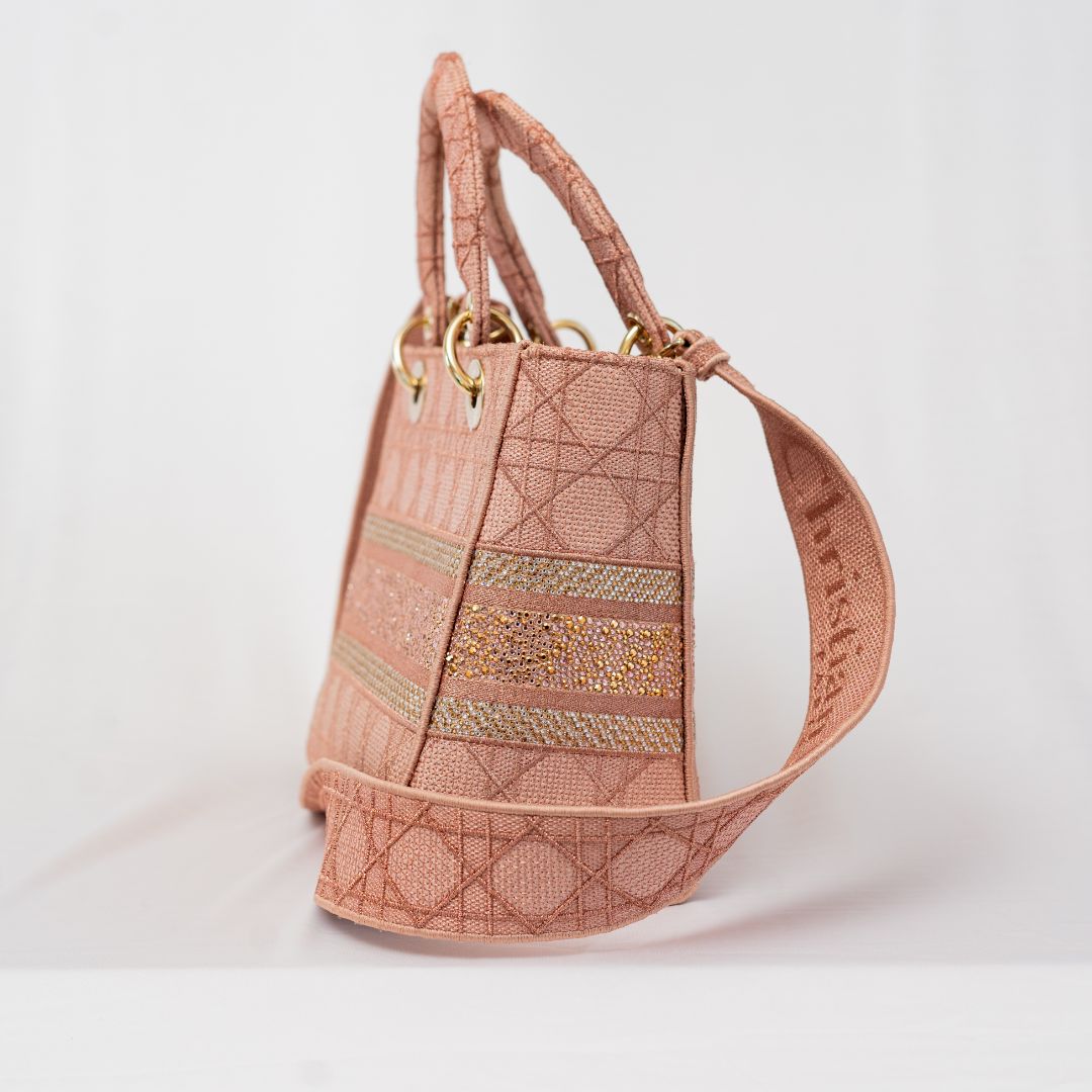 Christian Dior pink cannage stitch crystal embellished lady dior bag