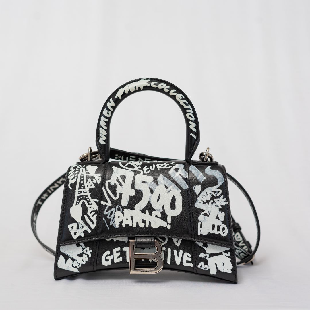 Balenciaga Hourglass Graffiti XS Black with white print shoulder bag