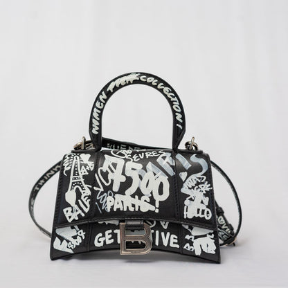 Balenciaga Hourglass Graffiti XS Black with white print shoulder bag