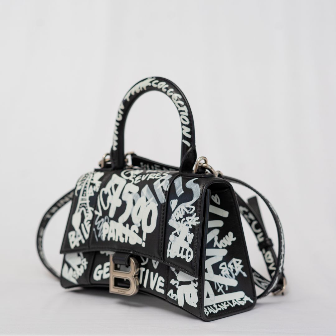Balenciaga Hourglass Graffiti XS Black with white print shoulder bag