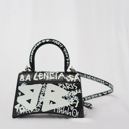 Balenciaga Hourglass Graffiti XS Black with white print shoulder bag