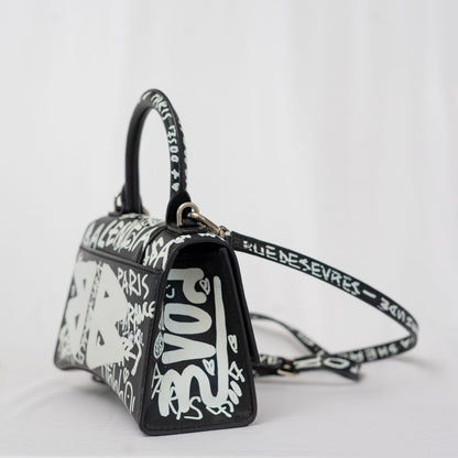 Balenciaga Hourglass Graffiti XS Black with white print shoulder bag