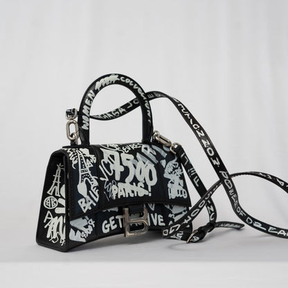 Balenciaga Hourglass Graffiti XS Black with white print shoulder bag