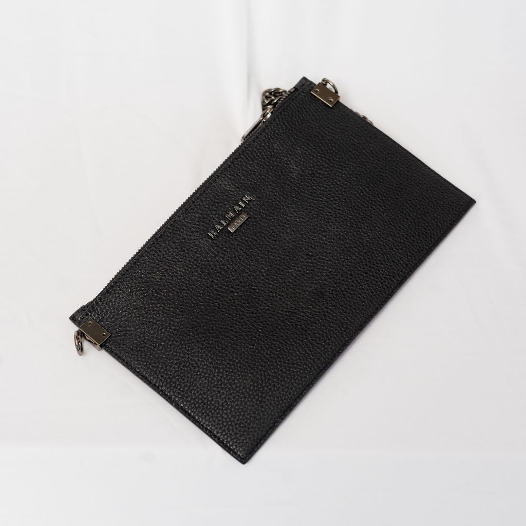 Balmain Black Leather Zip Pouch