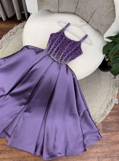 Purple A Line Spaghetti Strap Beaded Pearls Satin Long Prom Dress Evening Dress SH2265