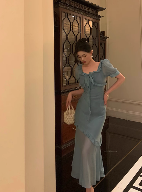 Sexy Mermaid Square Chiffon Blue 21st Birthday Dress Party Gown Birthday Outfits Birthday Dress Ideas For Women DP1881