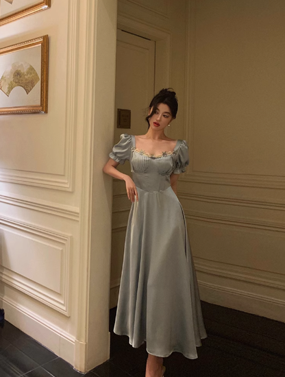 Vintage A line Square Blue Satin Prom Dresses Ruffles Evening Gowns Evening Dress DP1882