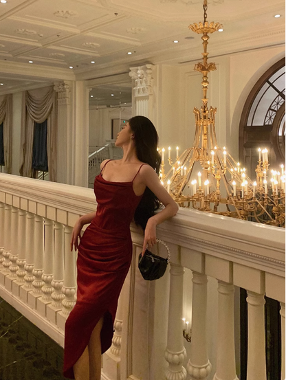 Sexy Sheath Red Spaghetti Straps Satin 21st Birthday Dress Party Gown Birthday Outfits Birthday Dress Ideas For Women DP1890