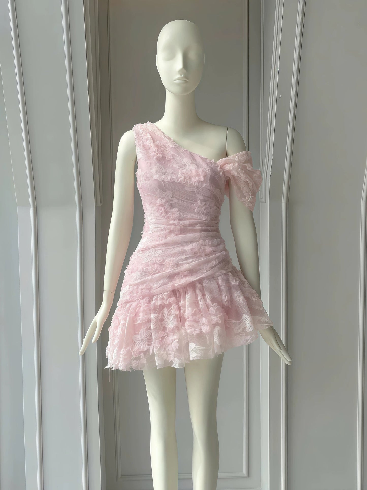 Cute Sheath One Shoulder Pink Lace Short Satin Formal Homecoming Dresses Party Graduation Dress Hoco Dresses DH2777