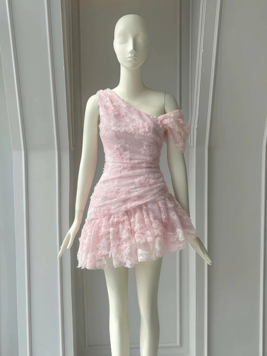 Cute Sheath One Shoulder Pink Lace Short Satin Formal Homecoming Dresses Party Graduation Dress Hoco Dresses DH2777