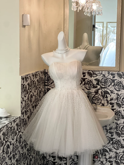 White Ball Gown Sweetheart Neck Beaded Tulle Short Homecoming Dress Birthday Dress SH3858