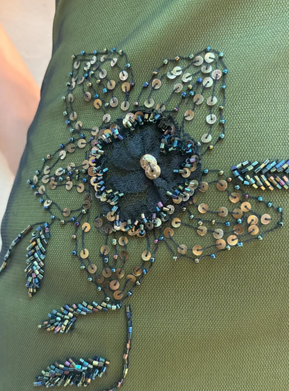 Vintage Mermaid V Neck Beaded Green Chiffon Satin Prom Dress Evening Dress SH2119