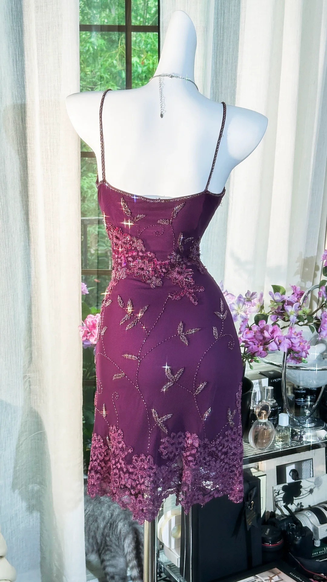 Vintage Spaghetti Straps Purple Lace Appliques Beaded Sheath 8th Grade Homecoming Dress Short Birthday Outfits S724