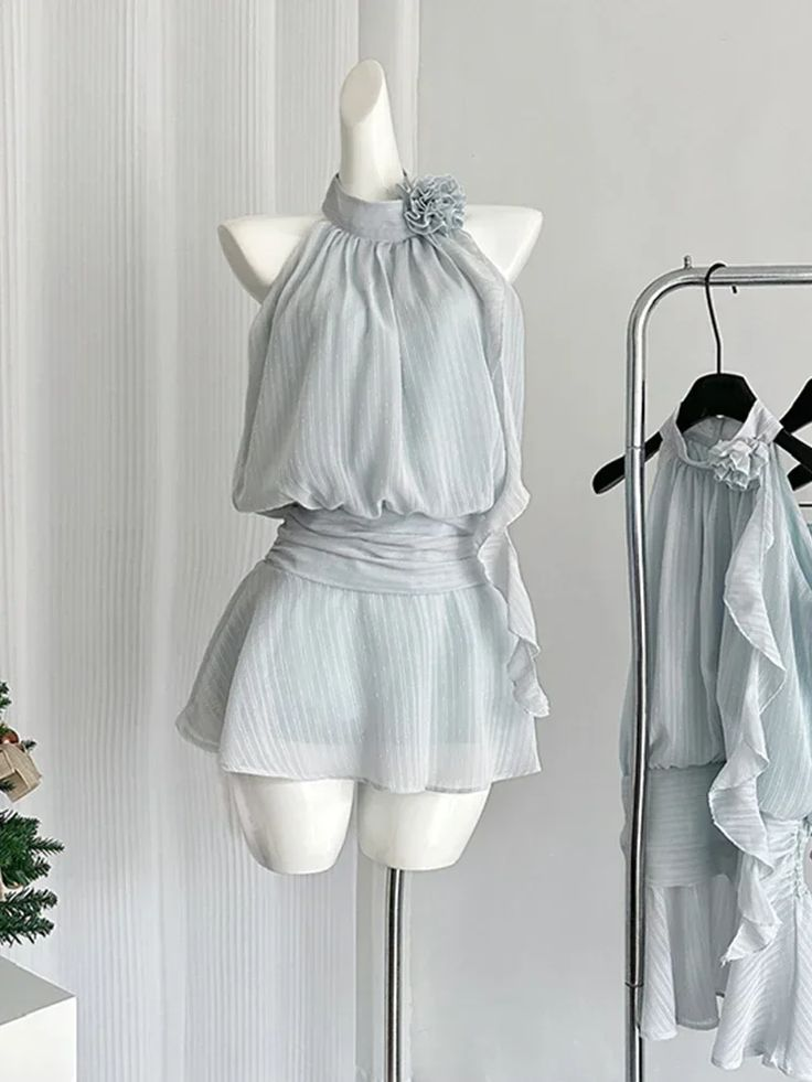 Blue Mini Sleeveless Chiffon Dress Women Frock Vacation Dress S227