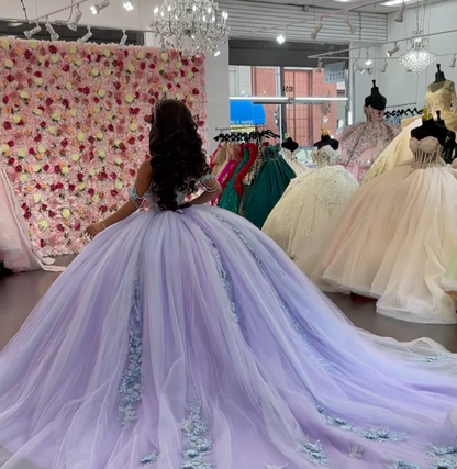 Purple Off the Shoulder Corset Appliques Tulle Ball Gown Sweet 16 Dress Quinceanera Dress SH2122