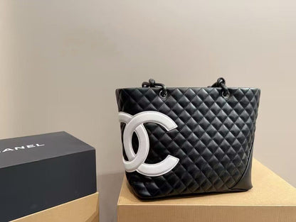 CHANEL Calfskin Quilted Large Cambon Tote Black White