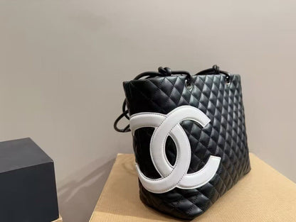 CHANEL Calfskin Quilted Large Cambon Tote Black White