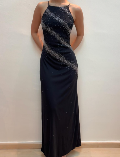 Vintage Sheath Spaghetti Strap Beaded Black Chiffon Prom Dress Evening Dress SH2102