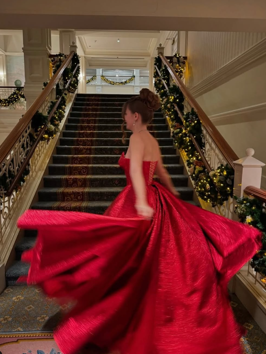 Elegant A Line V Neck Red Satin Prom Dress Evening Dress Ball Gown SH2025