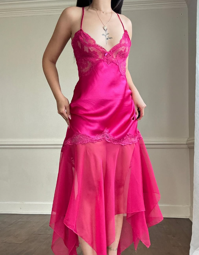 Hot Pink Sexy A Line Spaghetti Strap Lace Satin Prom Dress Evening Dress SH2316