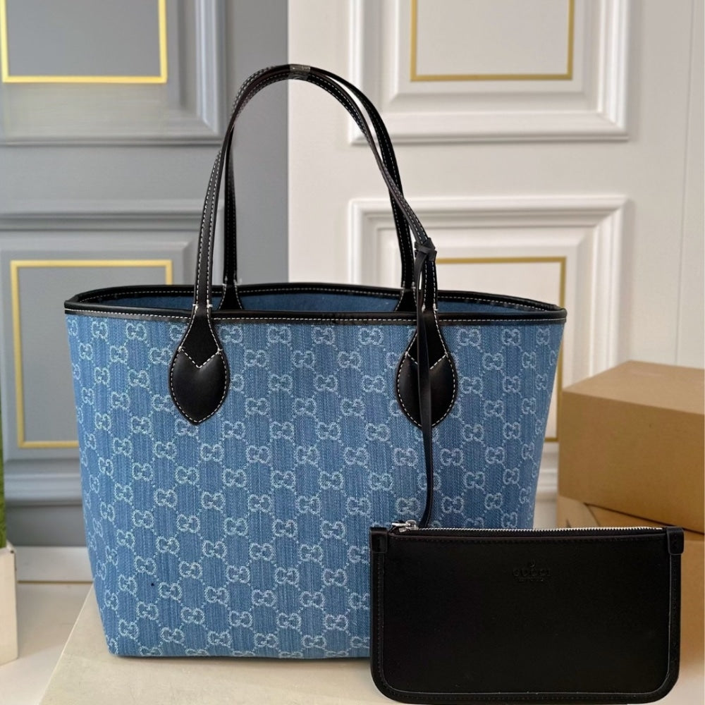 GUCCI TOTISSIMA LARGE TOTE BAG DENIM BLUE AND BLACK 30CM