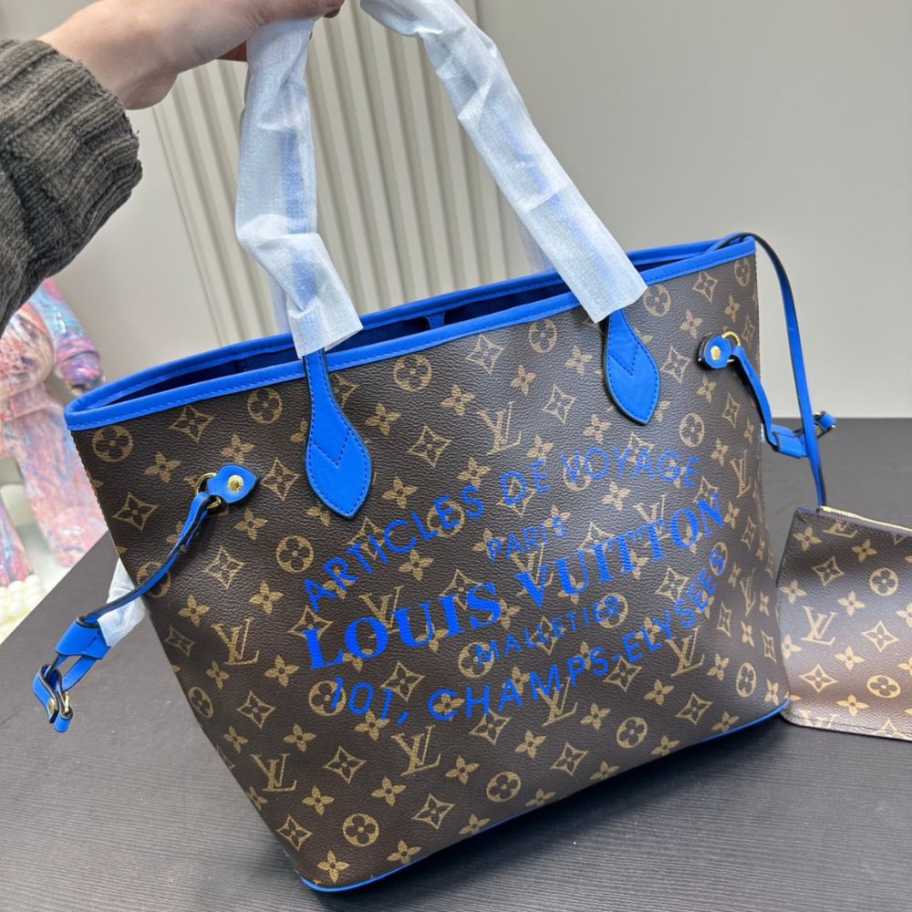LOUIS VUITTON NEVERFULL MM BAG IKAT FLOWER MONOGRAM GRANBLUE BLUE 33CM M40938