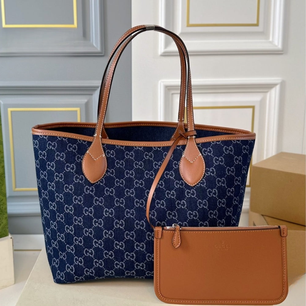 GUCCI TOTISSIMA LARGE TOTE BAG DENIM BLUE AND BROWN 30CM 820481 FAECC 4243
