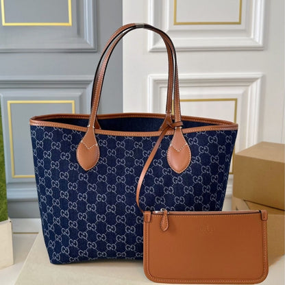 GUCCI TOTISSIMA LARGE TOTE BAG DENIM BLUE AND BROWN 30CM 820481 FAECC 4243