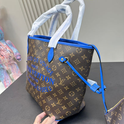 LOUIS VUITTON NEVERFULL MM BAG IKAT FLOWER MONOGRAM GRANBLUE BLUE 33CM M40938
