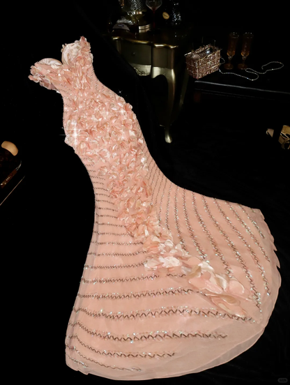 Pink Mermaid Sweetheart Neck Beaded Flower Chiffon Prom Dress Evening Dress SH3184