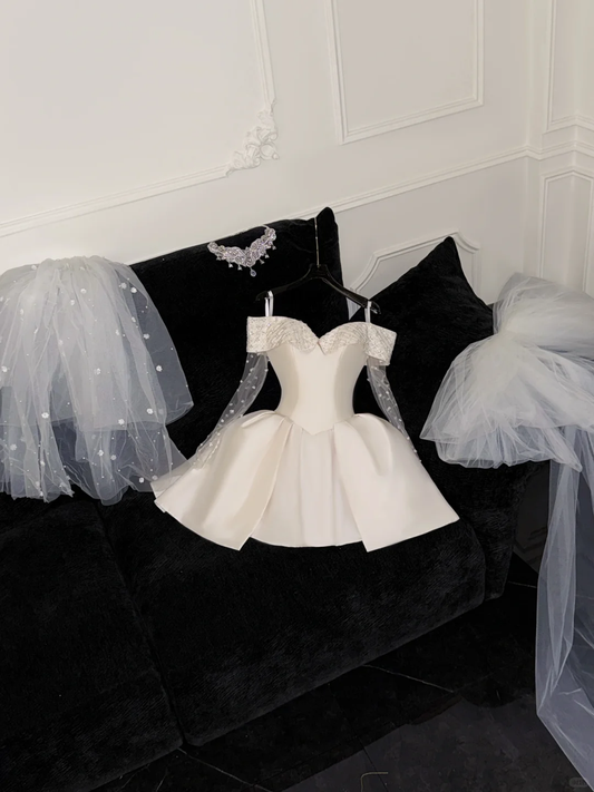 Cute A Line Off the Shoulder Beaded Ivory Satin Tulle Short Homecoming Dress Birthday Dress SH3099