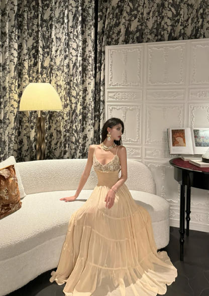 Apricot A Line Spaghetti Strap Sequin Chiffon Long Prom Dress Date Dress SH3695