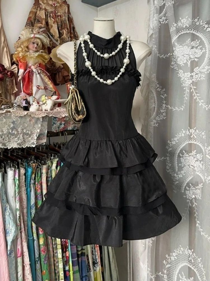 Black Vintage Halter Neck A Line Layered Mini Party Dress 6th Grade Homecoming Dress S814