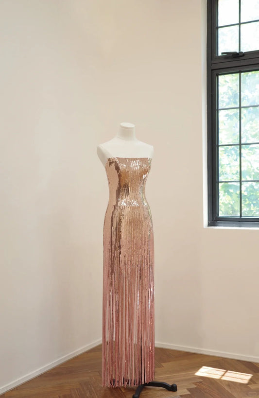 Pink Gold Shiny Fashion Long Sequined Prom Dress Evening Dress Party Dress gh5060