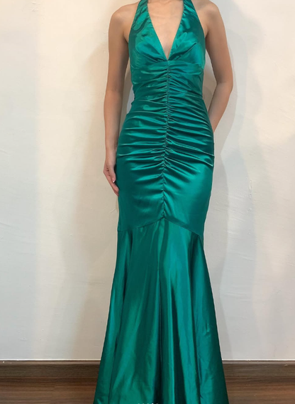 Vintage Mermaid Halter V Neck Green Satin Open Back Long Prom Dress Evening Dress SH2041