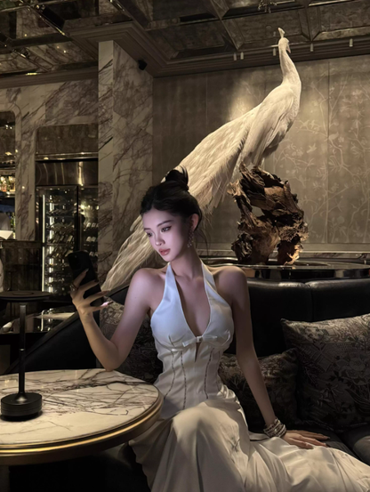 White A Line Halter Beaded Satin Open Back Prom Dress Evening Dress SH3764